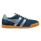 Navy blue suede Gola trainer with silver side stripes and a gum rubber sole