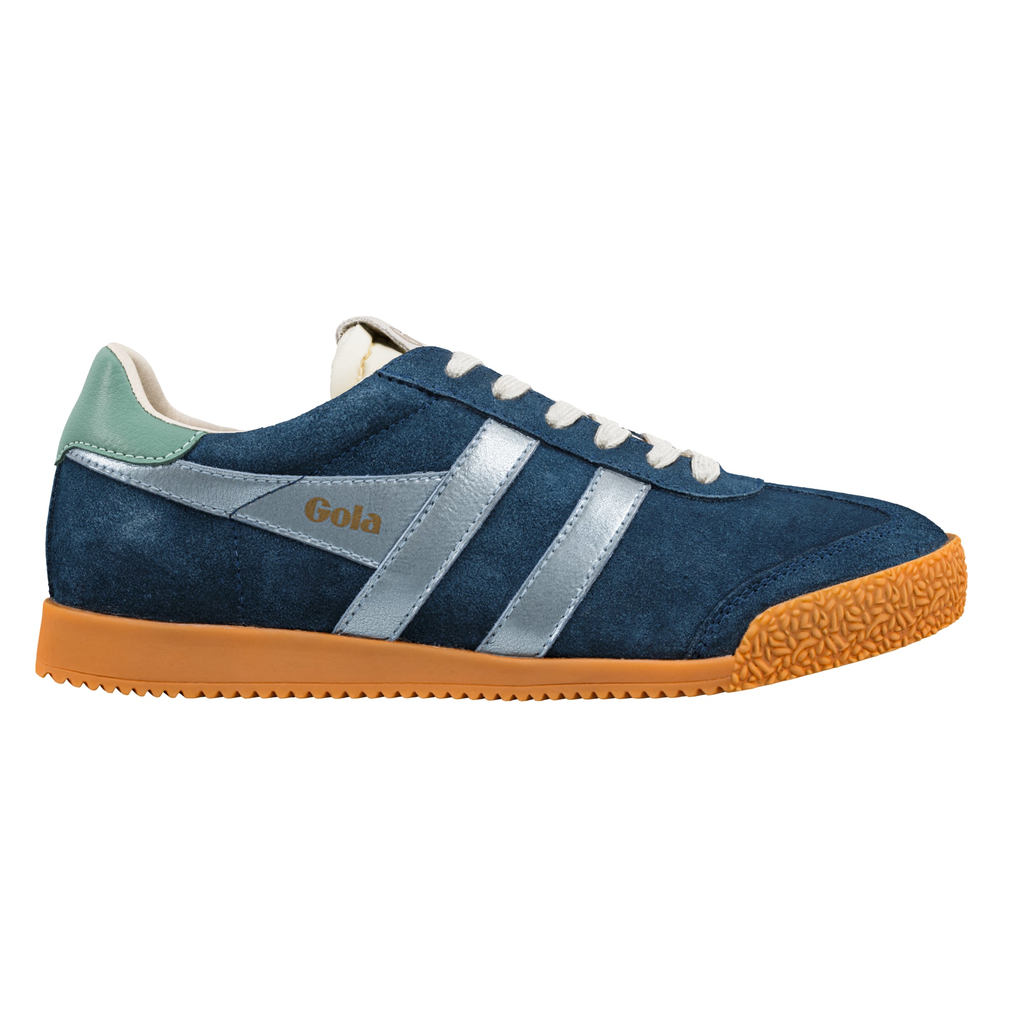 Navy blue suede Gola trainer with silver side stripes and a gum rubber sole