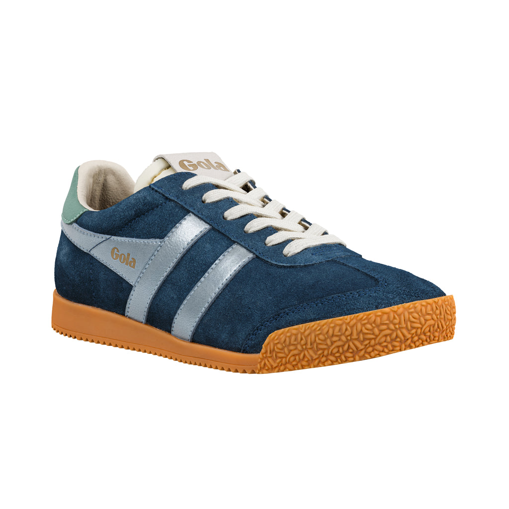 Navy blue suede Gola trainer with silver side stripes and a gum rubber sole