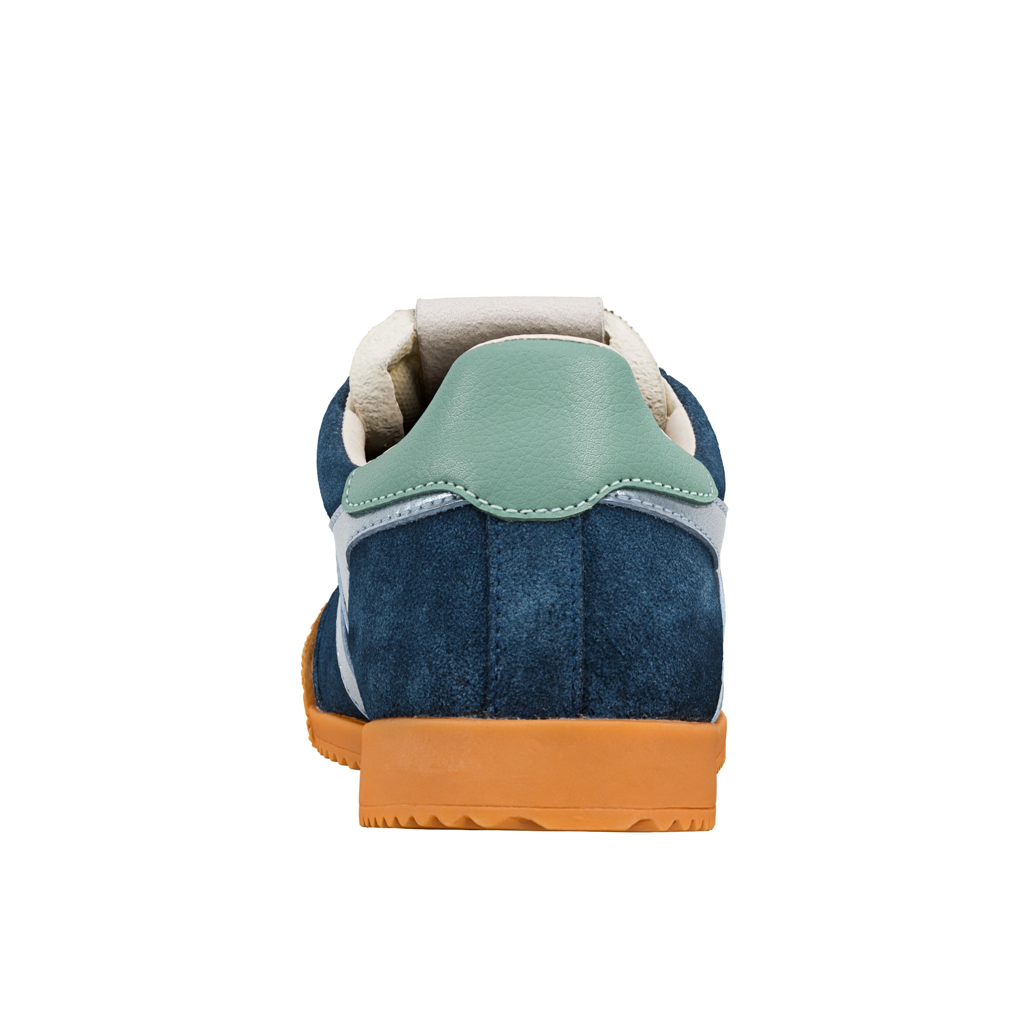 Rear view of a blue suede trainer with a green heel tab and gum rubber sole