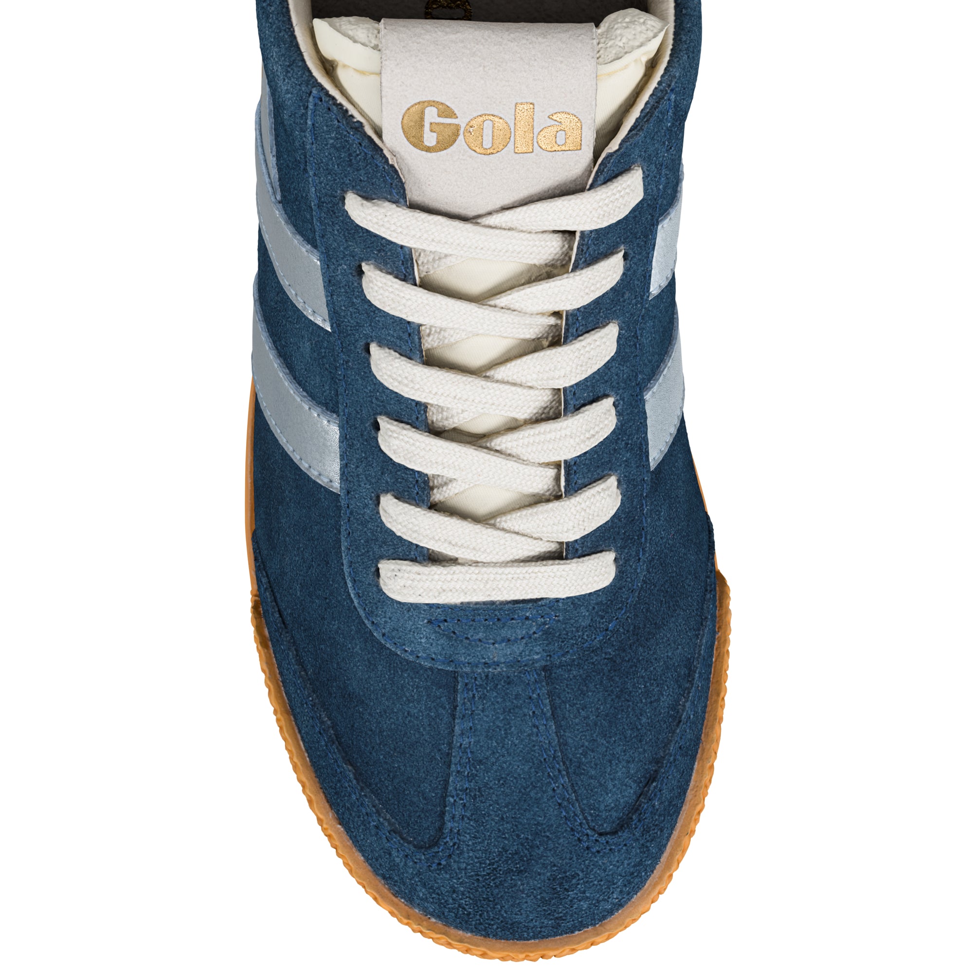 Blue suede Gola trainer with white laces and gum sole