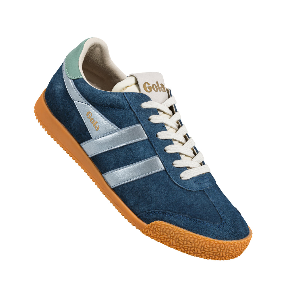 Navy blue suede Gola trainer with silver side stripes and a gum rubber sole