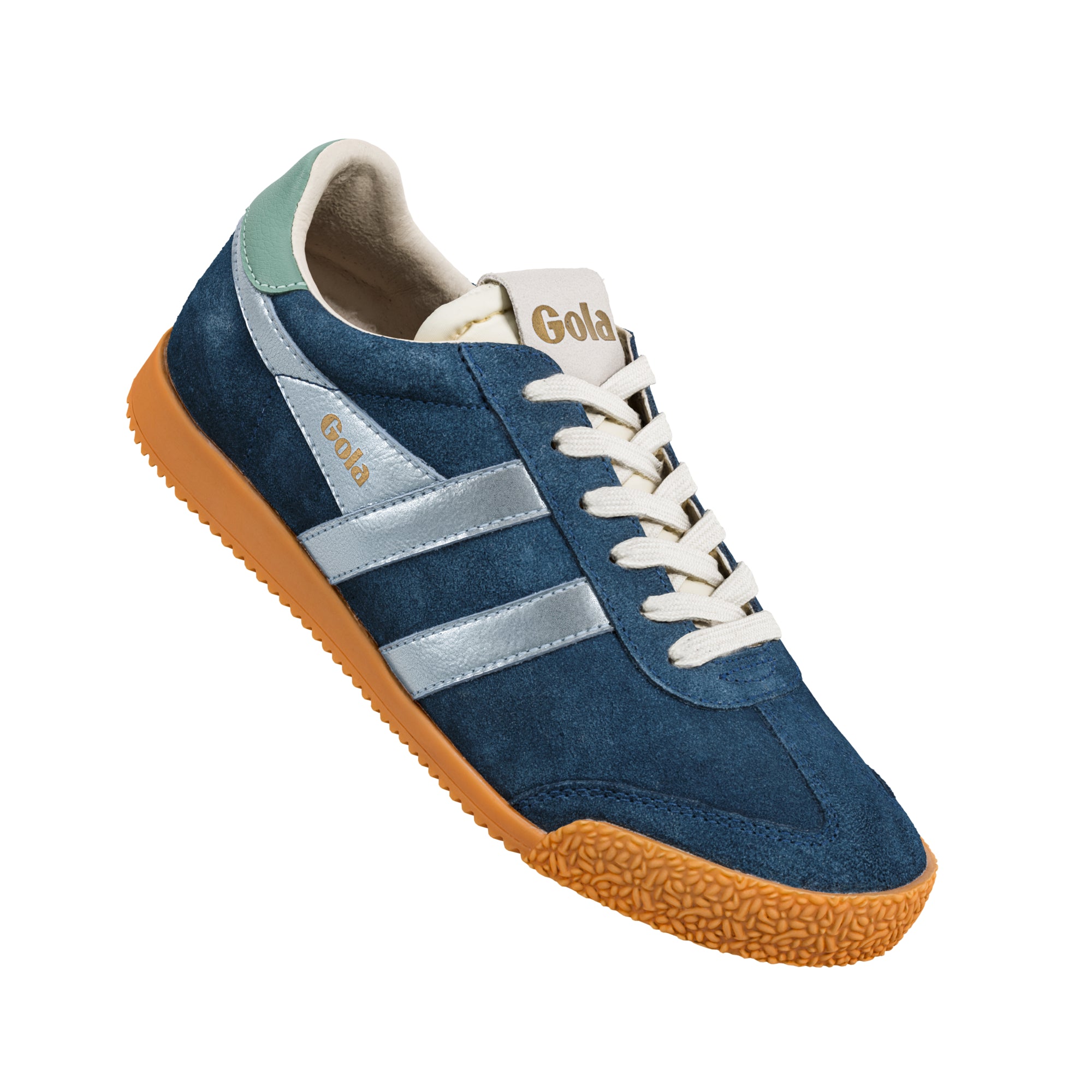 Navy blue suede Gola trainer with silver side stripes and a gum rubber sole