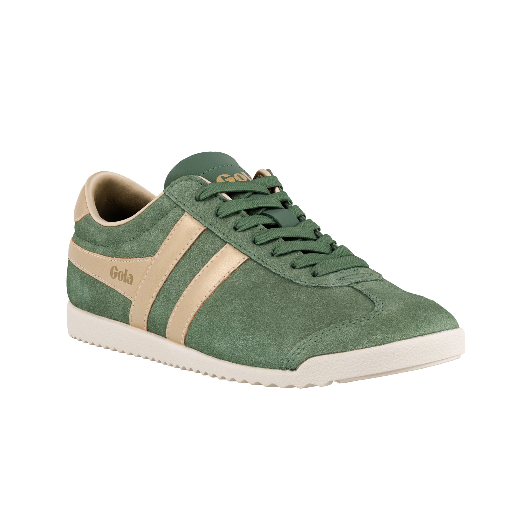 Green suede Gola trainer with beige side stripes and white sole
