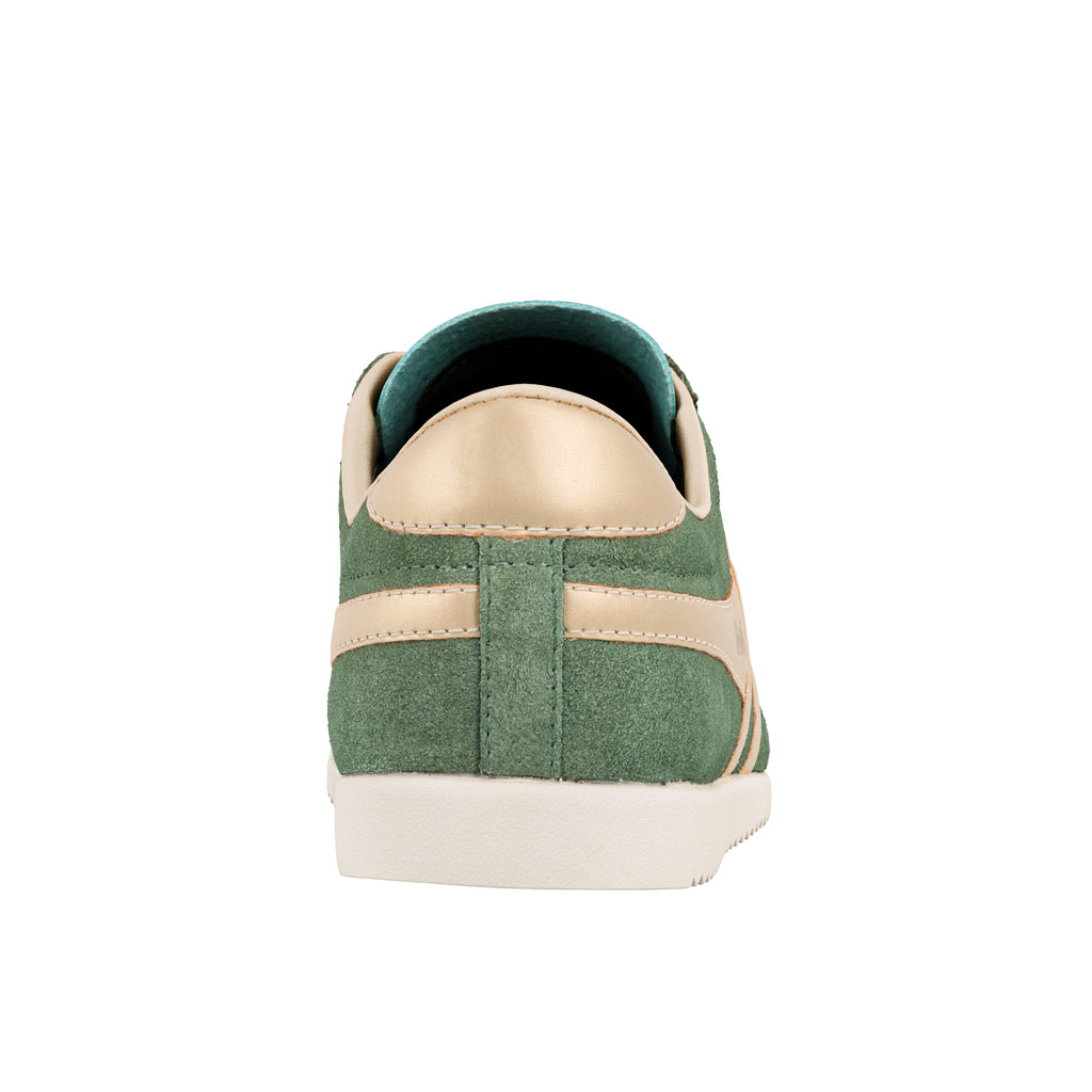 Rear view of a green suede trainer with gold detailing and a white sole