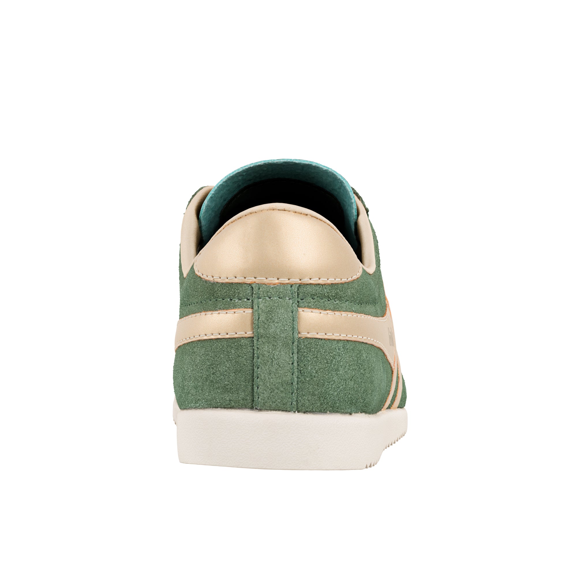 Rear view of a green suede trainer with gold detailing and a white sole