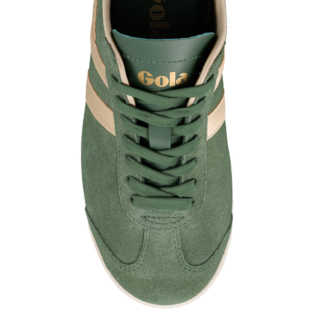 Top view of a green suede Gola trainer with beige side stripes and matching laces