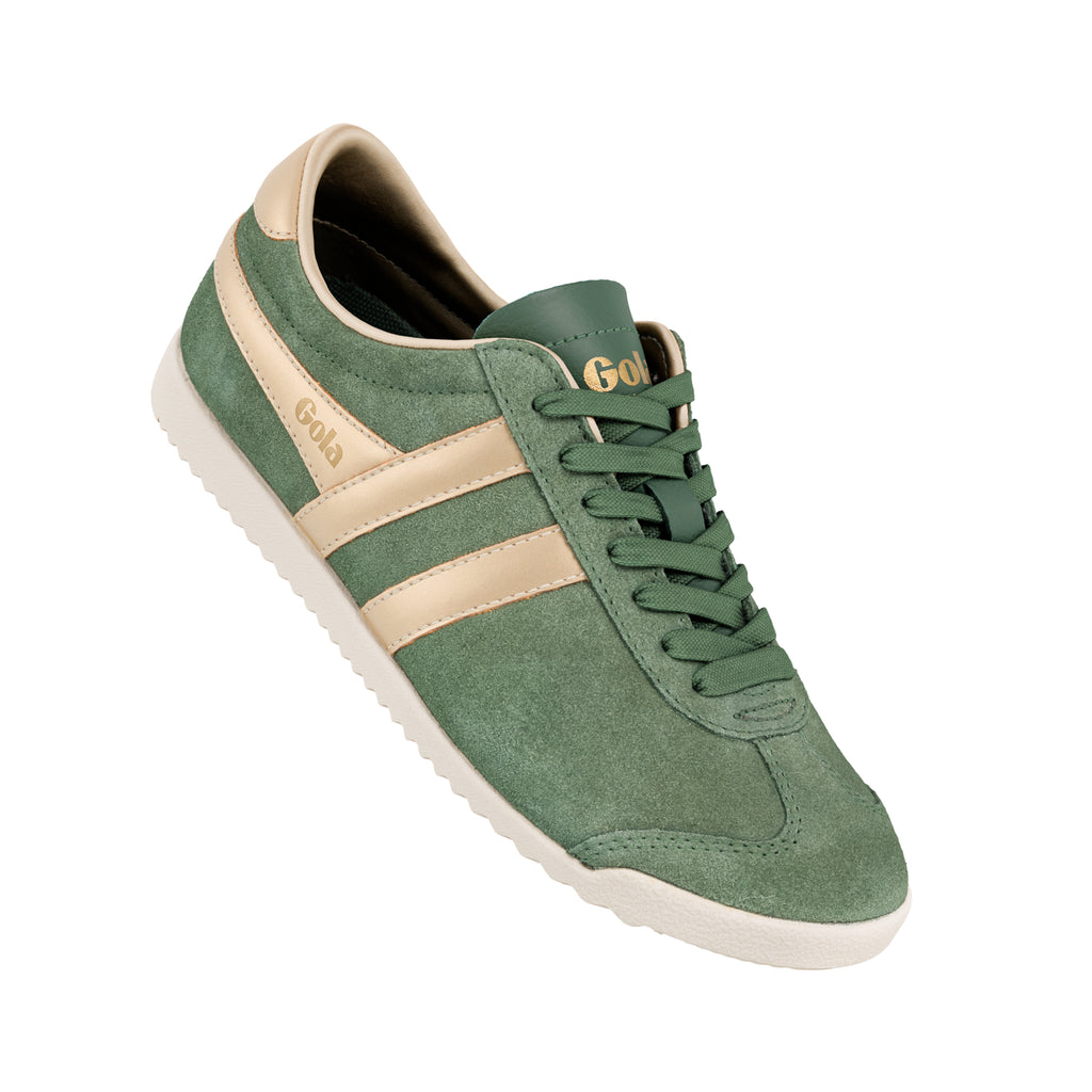 Green suede Gola trainer with cream side stripes and white sole