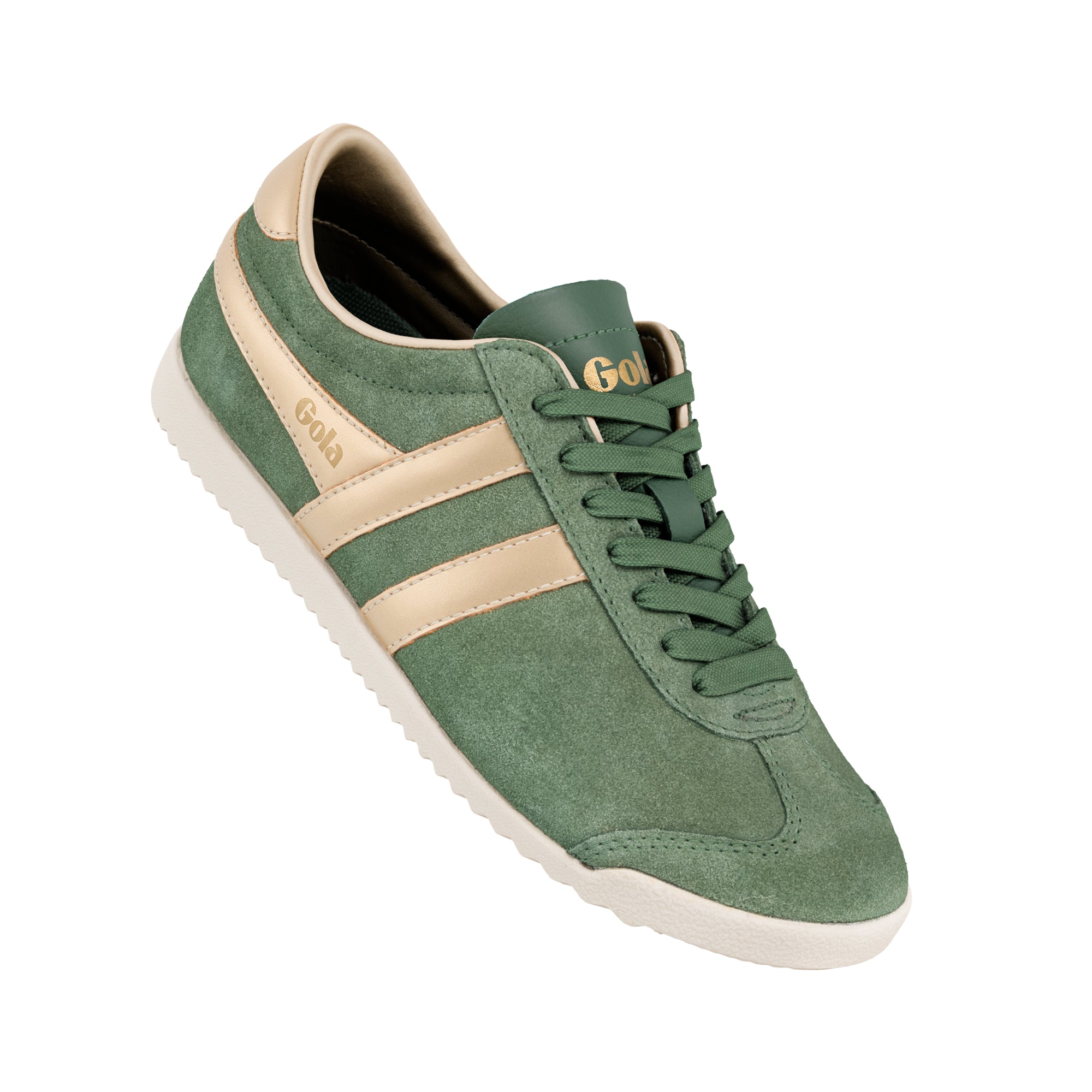 Green suede Gola trainer with cream side stripes and white sole