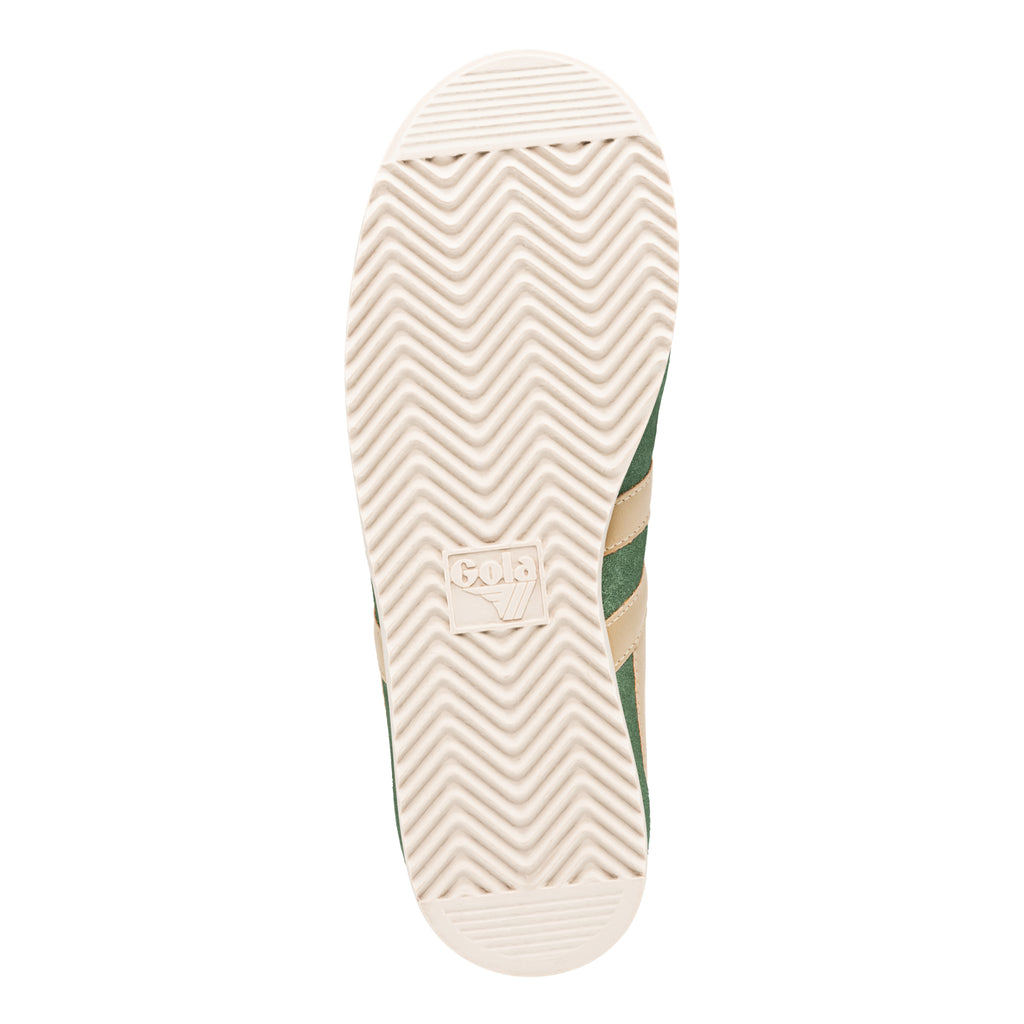 Underside of a Gola trainer showing the cream rubber sole with a chevron tread pattern and central branding