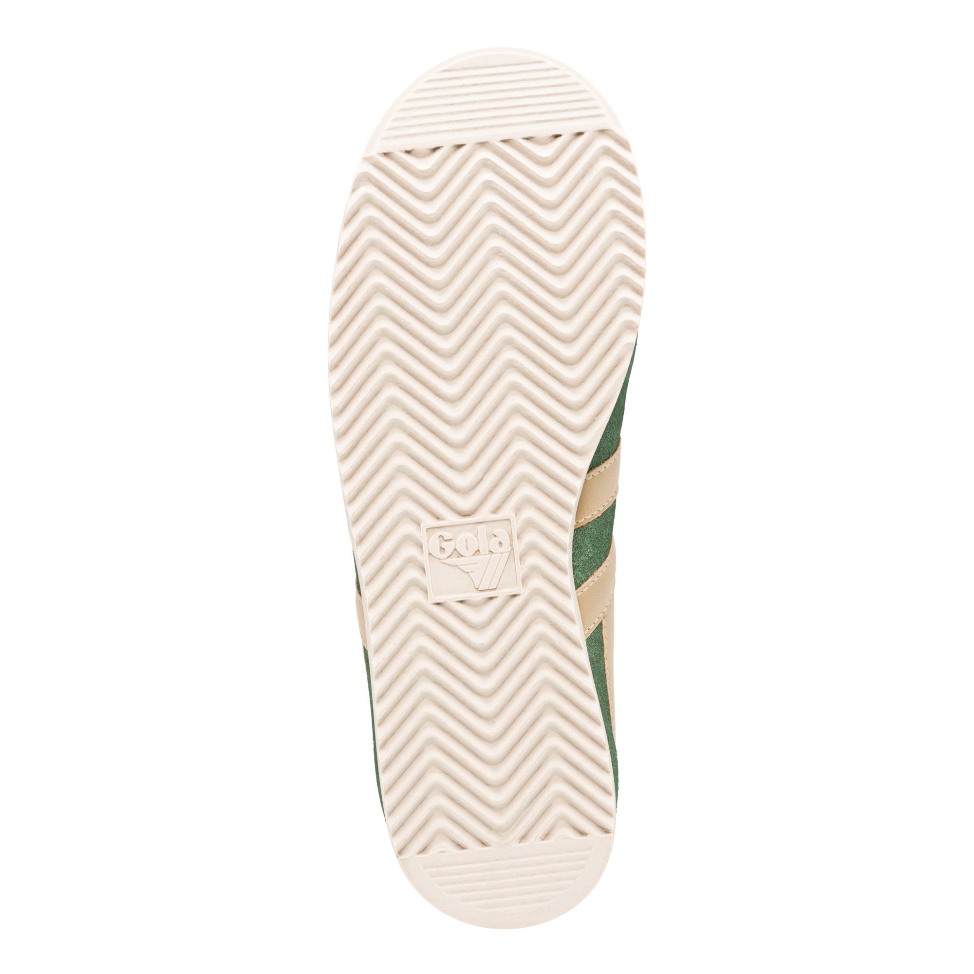 Underside of a Gola trainer showing the cream rubber sole with a chevron tread pattern and central branding
