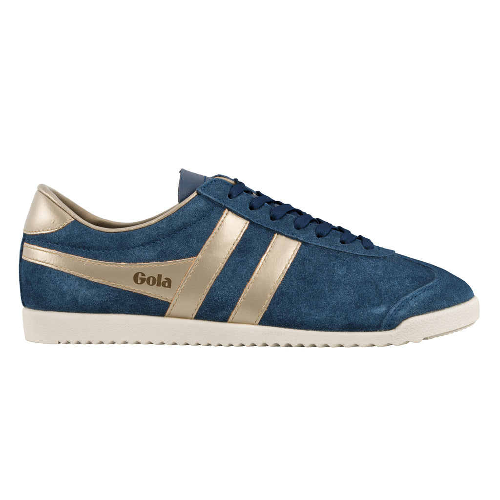 Navy blue suede Gola trainer with metallic gold side stripes and a cream sole