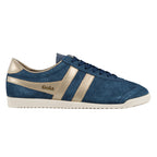 Navy blue suede Gola trainer with metallic gold side stripes and a cream sole