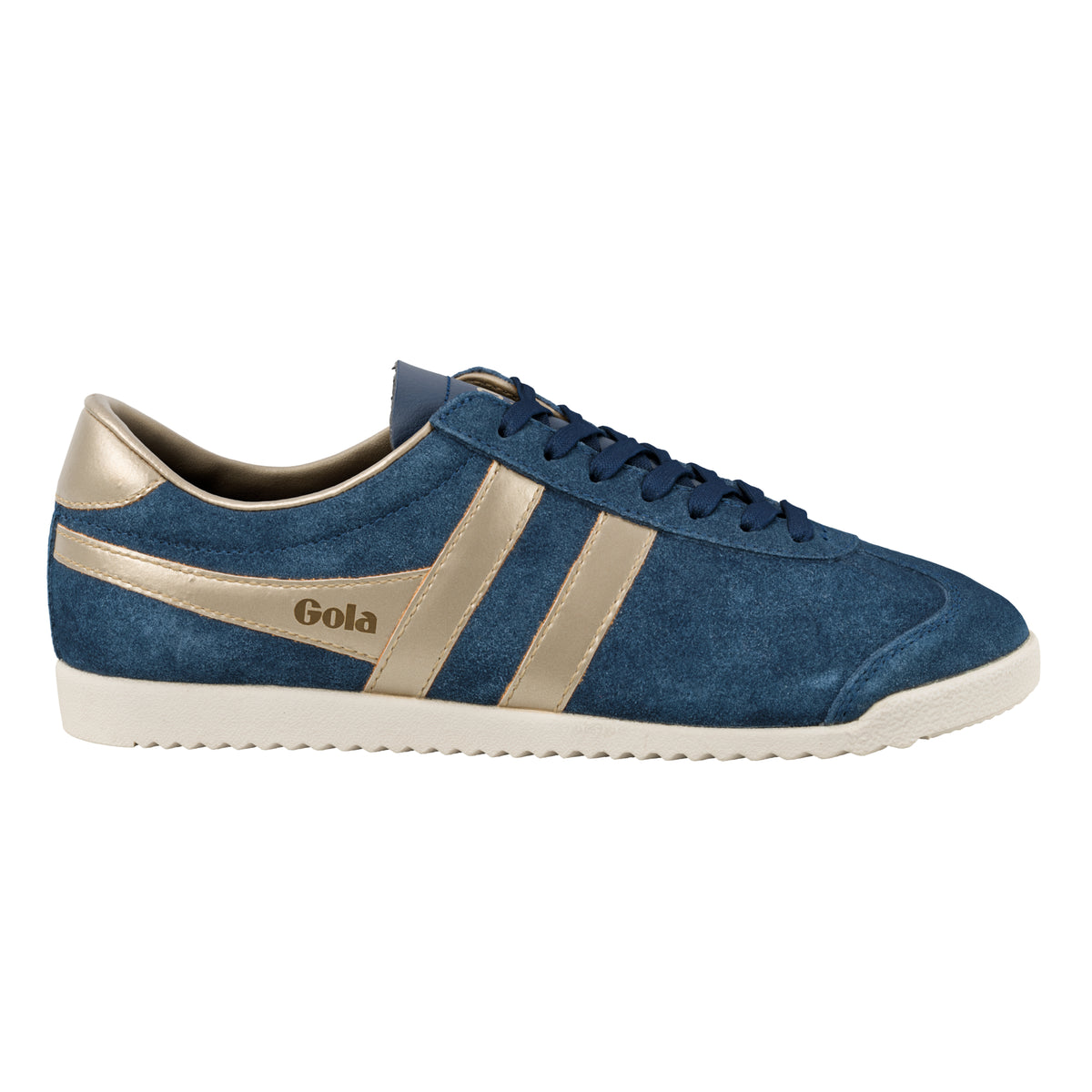 Gola Classics navy blue suede trainer with metallic gold side stripes and white rubber sole