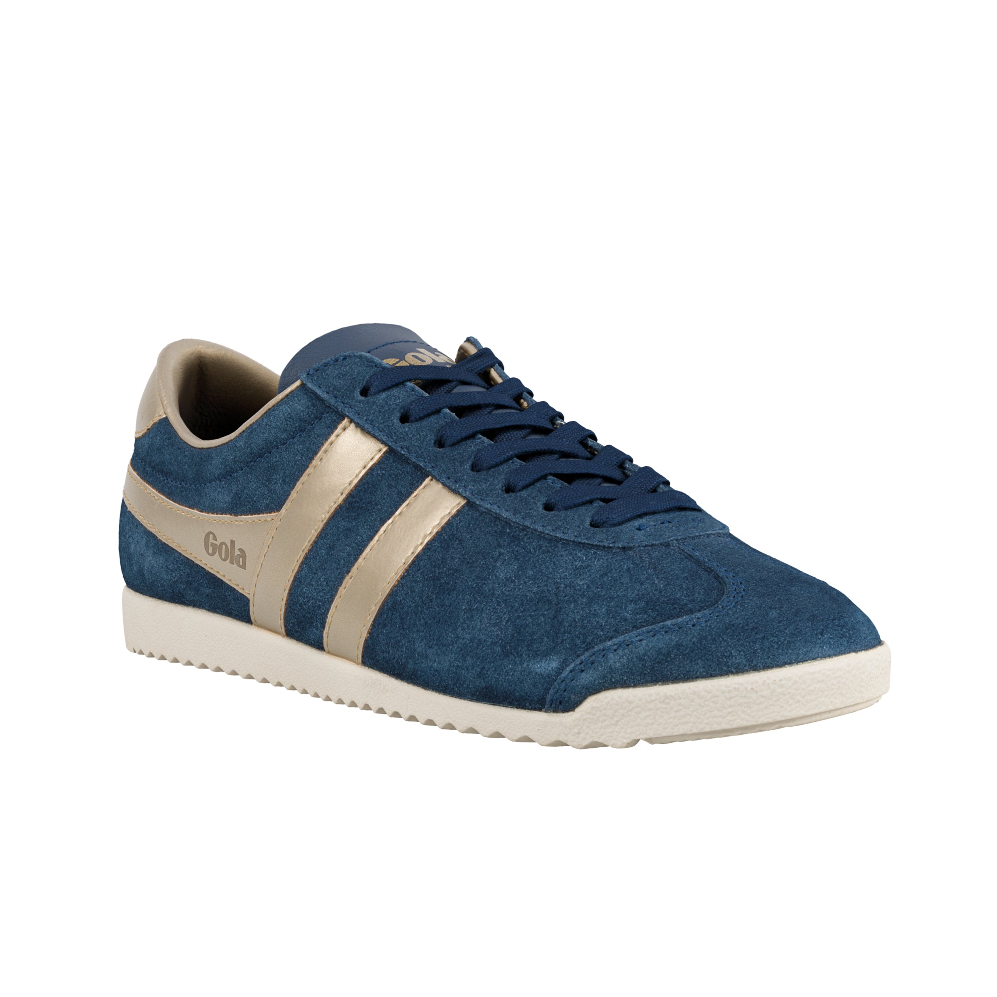 Navy blue suede Gola trainer with gold side stripes and a cream sole