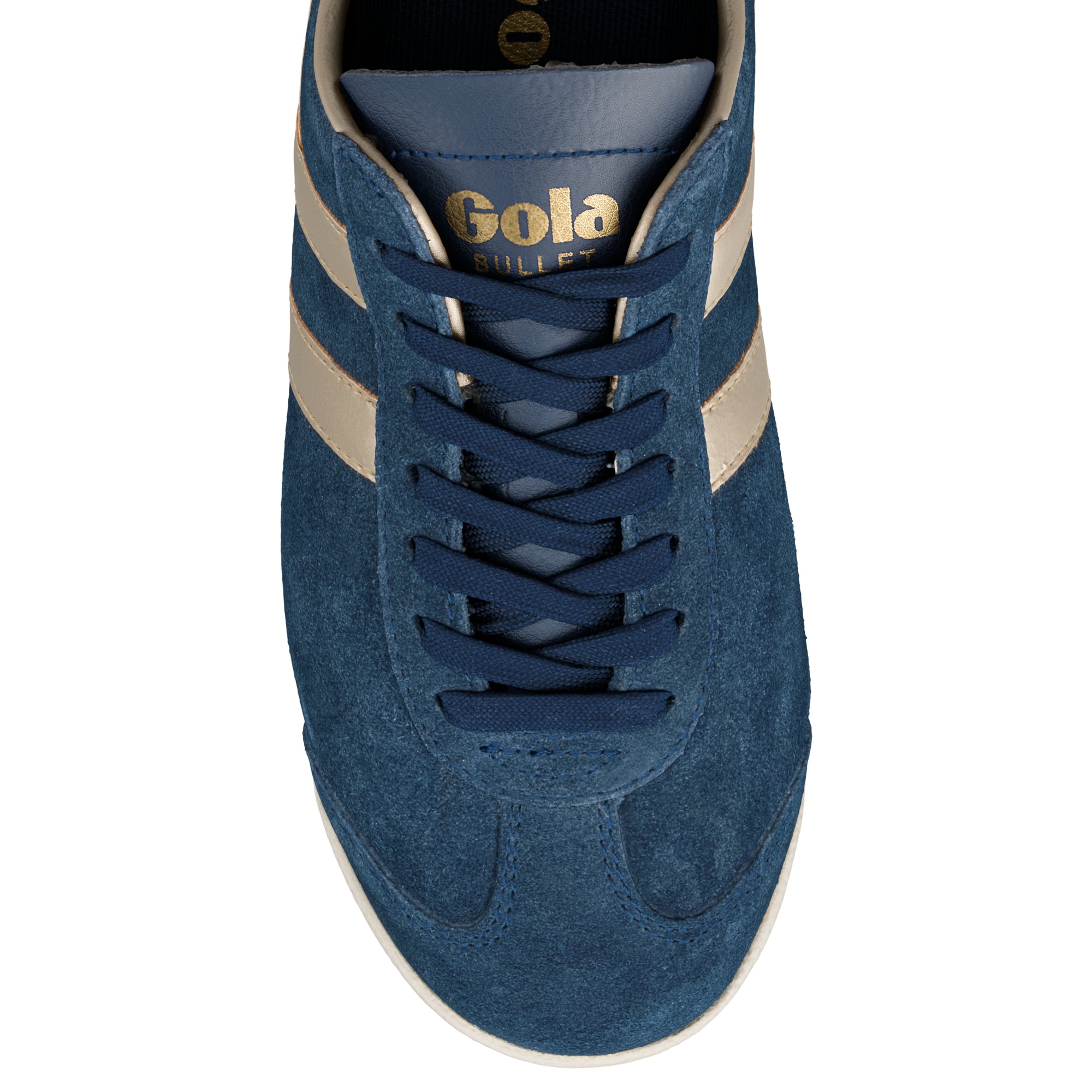 Top view of a navy blue suede Gola Bullet trainer with gold side stripes and matching laces