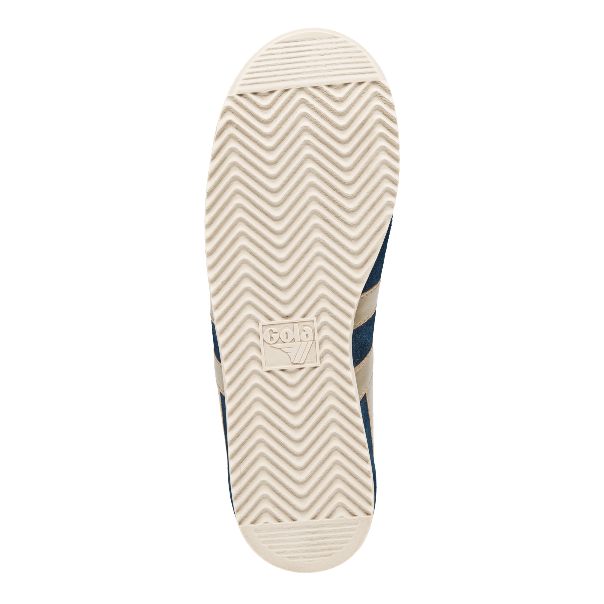 Cream coloured rubber trainer sole with a chevron tread pattern and Gola logo