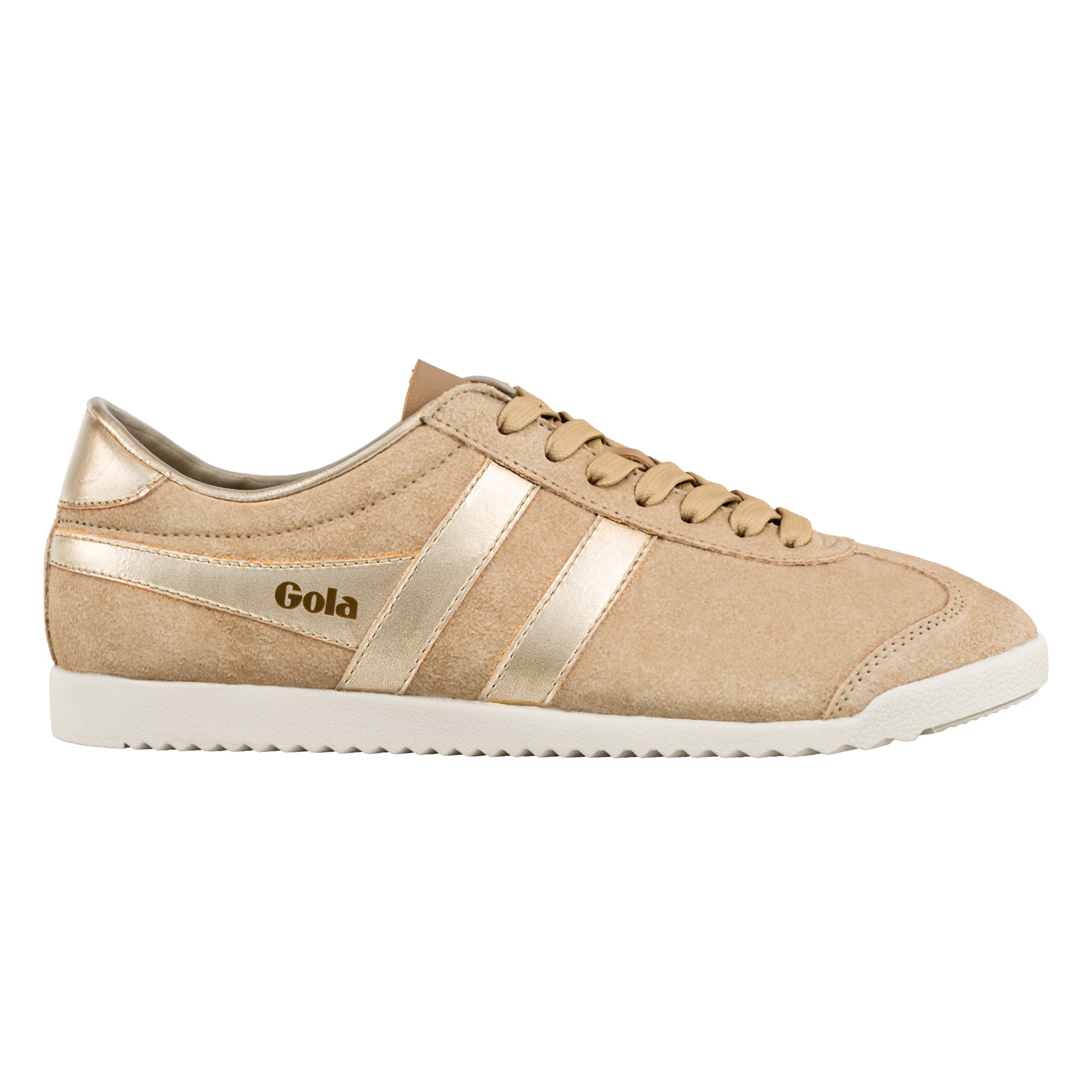 Beige suede Gola trainer with metallic gold side stripes and white rubber sole