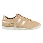 Gola Classics beige suede trainer with metallic gold side stripes and white sole
