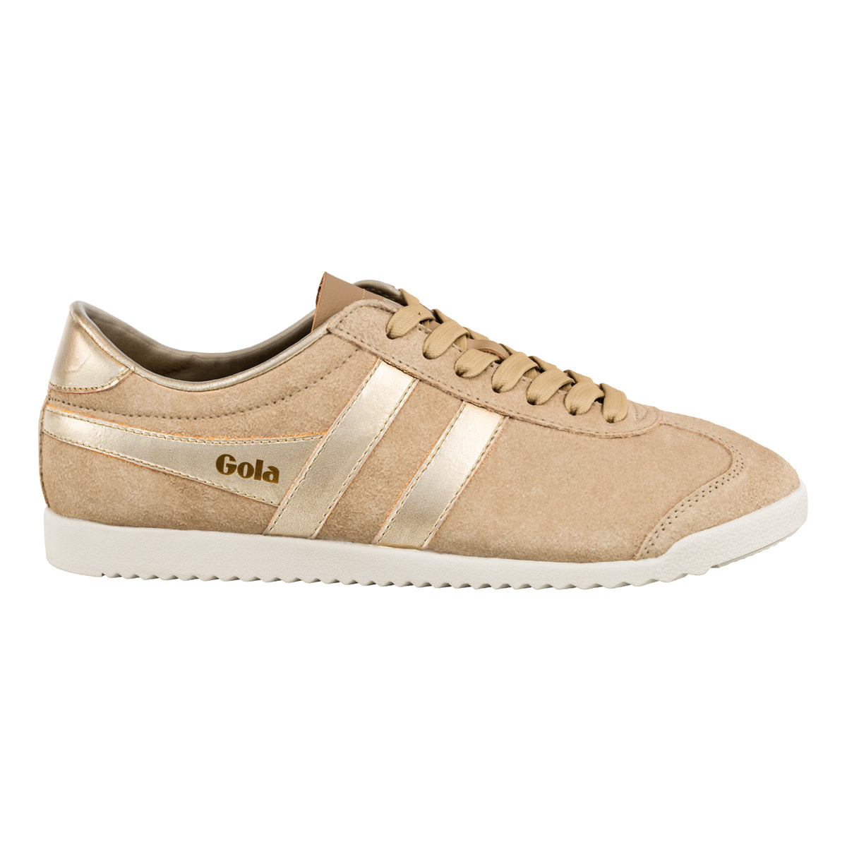 Gola Classics beige suede trainer with metallic gold side stripes and white sole