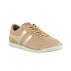 Beige suede Gola trainer with metallic side stripes and white rubber sole