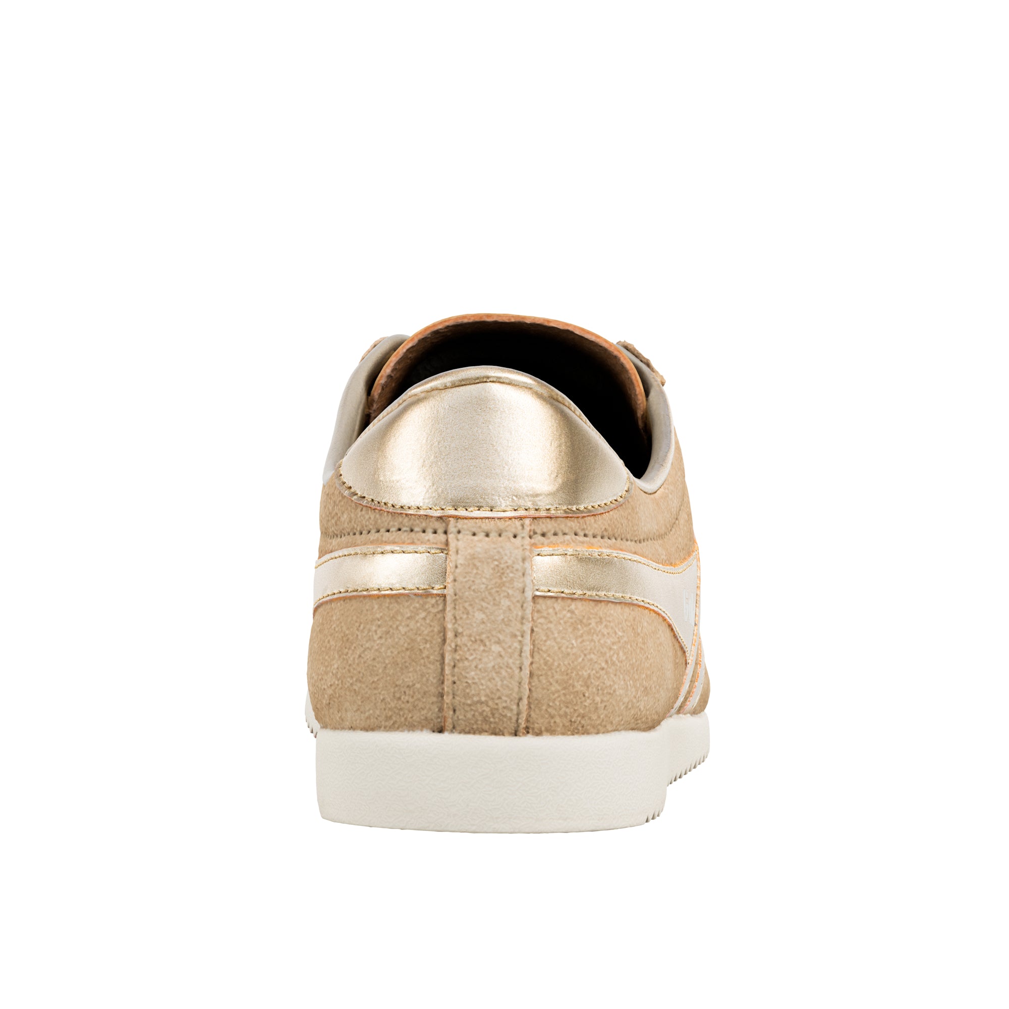 Rear view of a beige suede trainer with gold metallic heel detail and white rubber sole