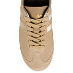 Top view of a beige suede Gola trainer with matching laces and metallic side stripes
