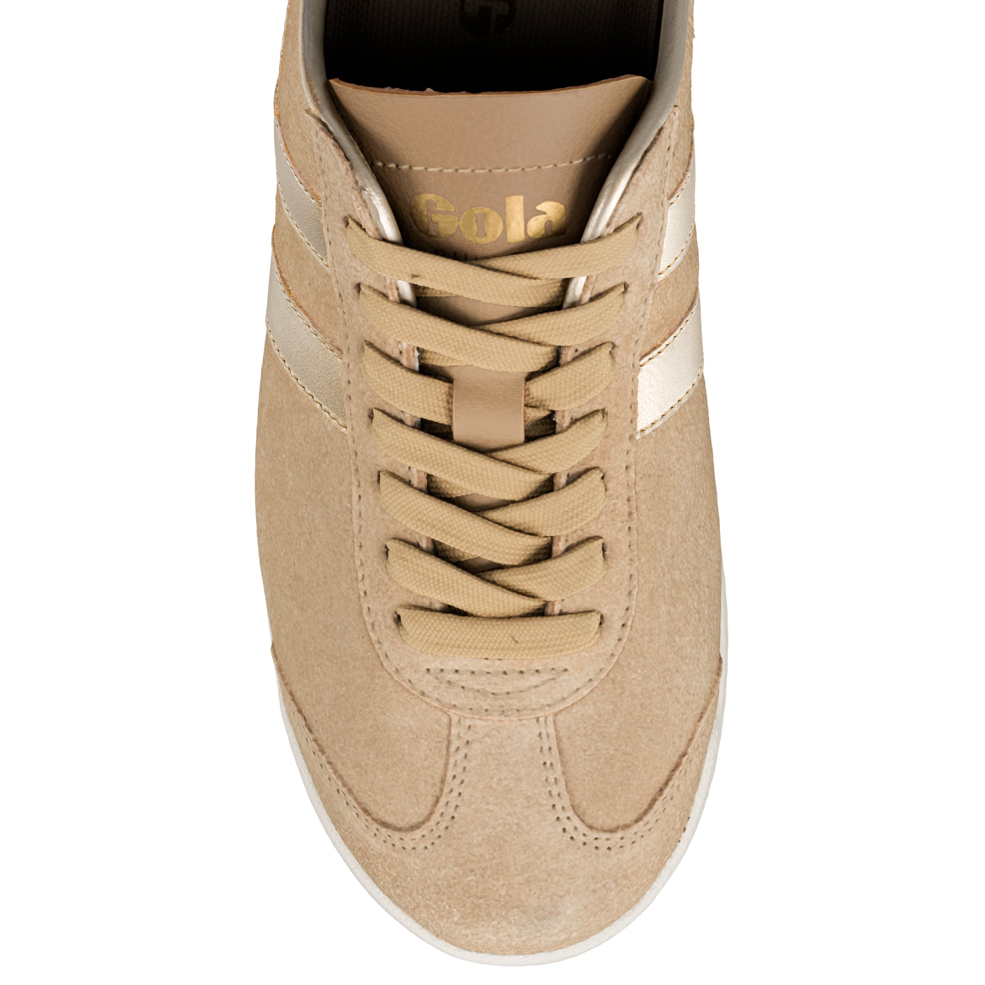 Top view of a beige suede Gola trainer with matching laces and metallic side stripes