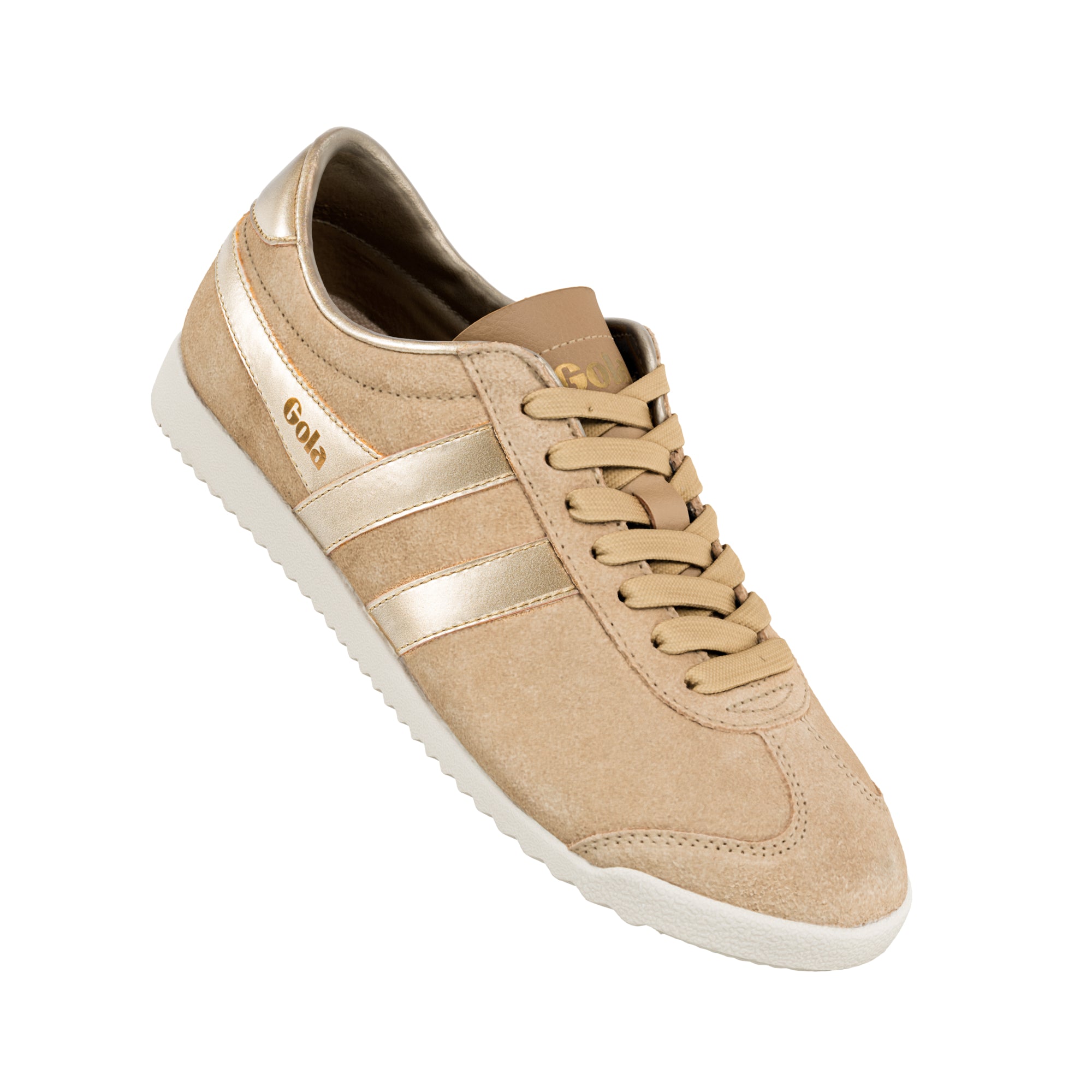 Beige suede Gola trainer with metallic gold side stripes and white sole