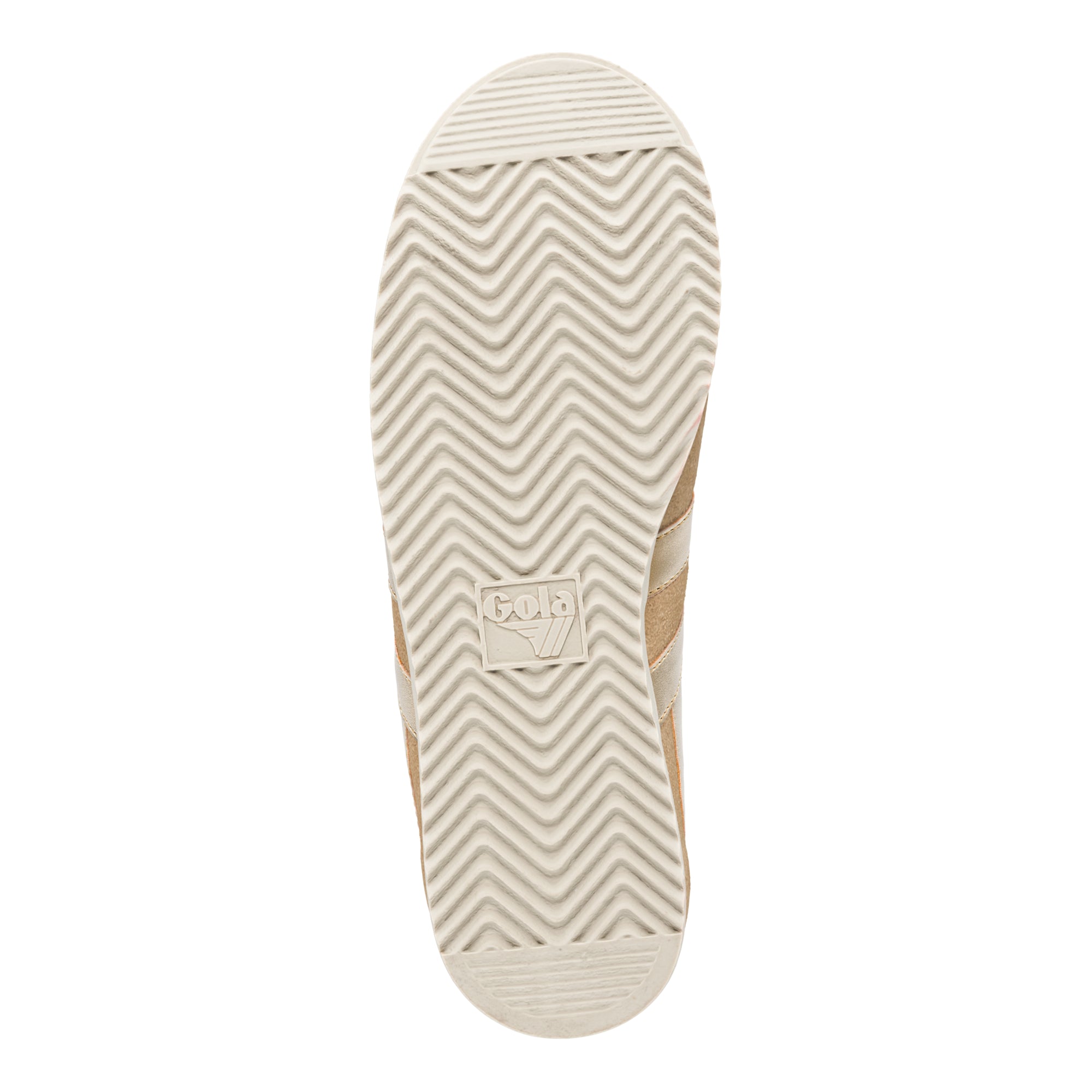 Cream coloured trainer sole with a chevron tread pattern and Gola logo
