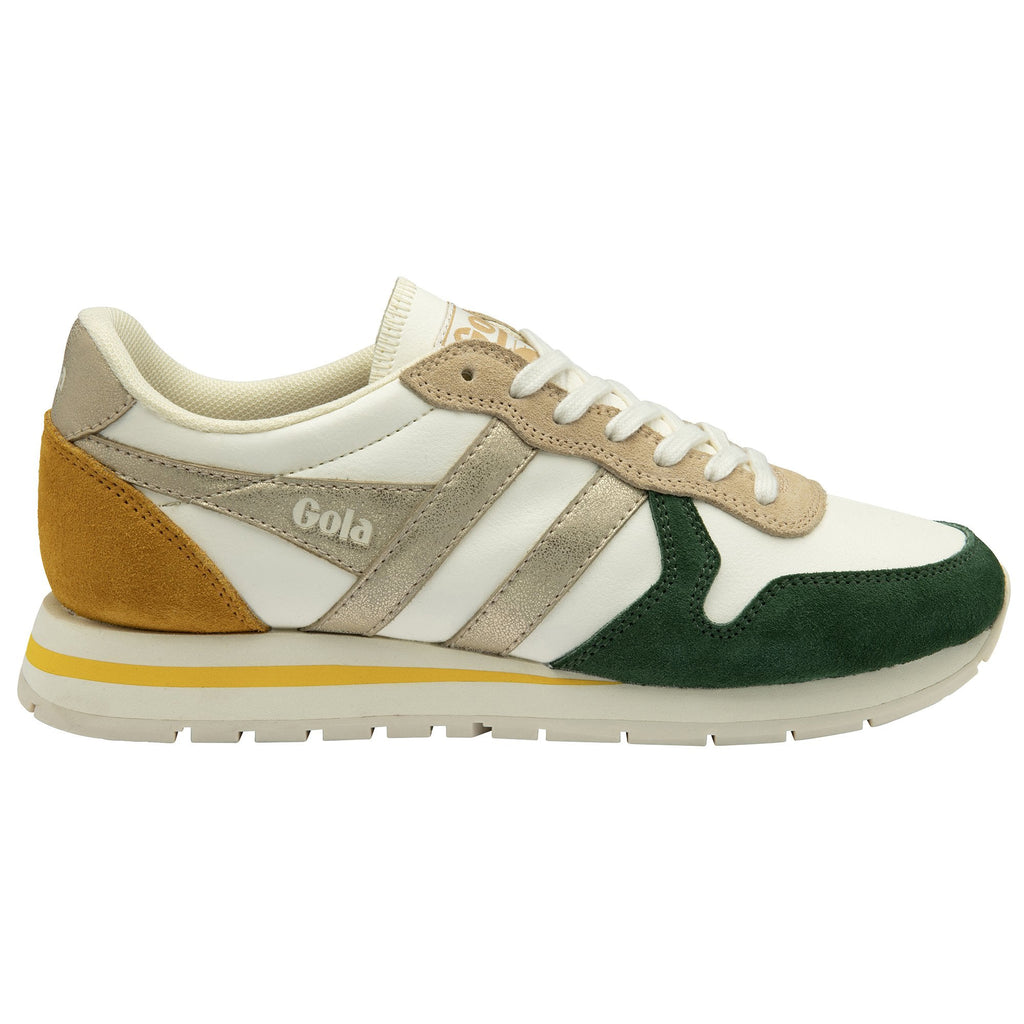 Gola Classics white trainer with green and mustard suede panels and metallic gold side stripes