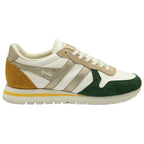 Gola Classics white trainer with green and mustard suede panels and metallic gold side stripes