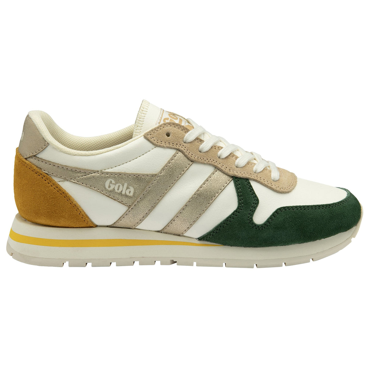 Gola Classics white trainer with green and mustard suede panels and metallic gold side stripes