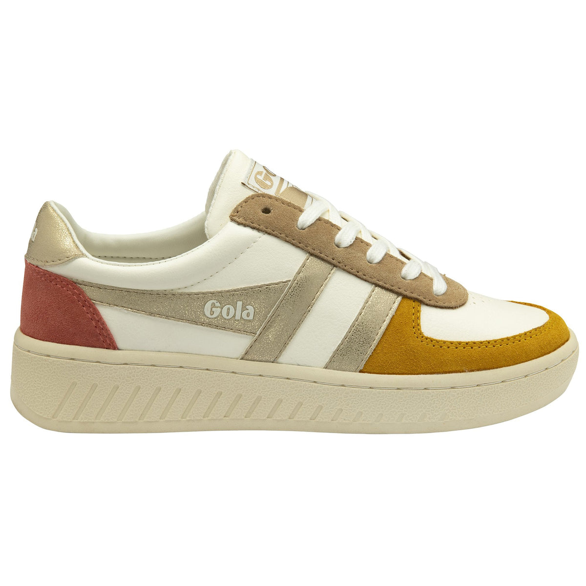 Gola Classics white trainer with mustard and terracotta suede panels and metallic gold detailing