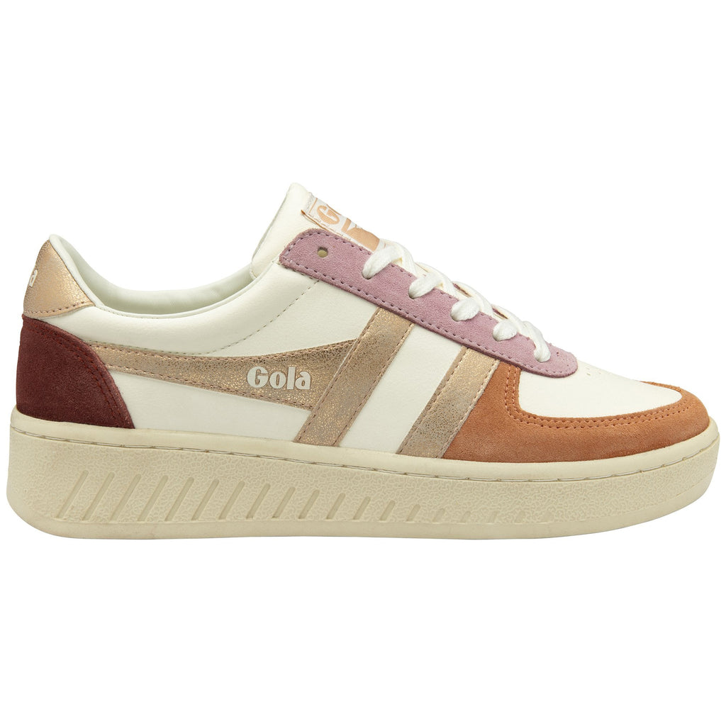 Gola Classics women's off-white trainer with metallic gold and suede panel detailing