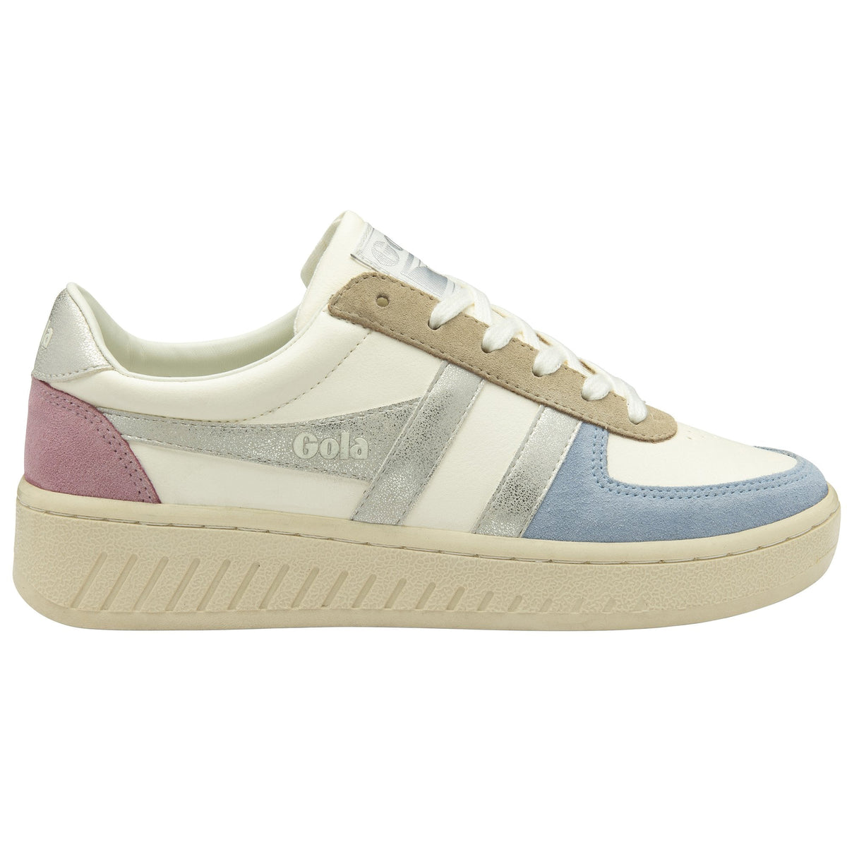Gola Classics white trainer with blue and pink suede panels and silver metallic detailing