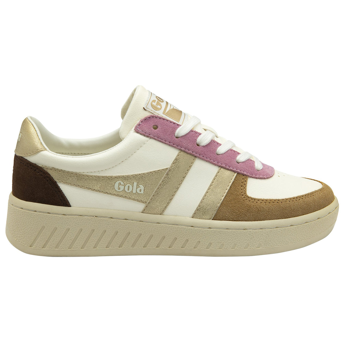Gola Classics white trainer with pink and brown suede panels and gold metallic detailing