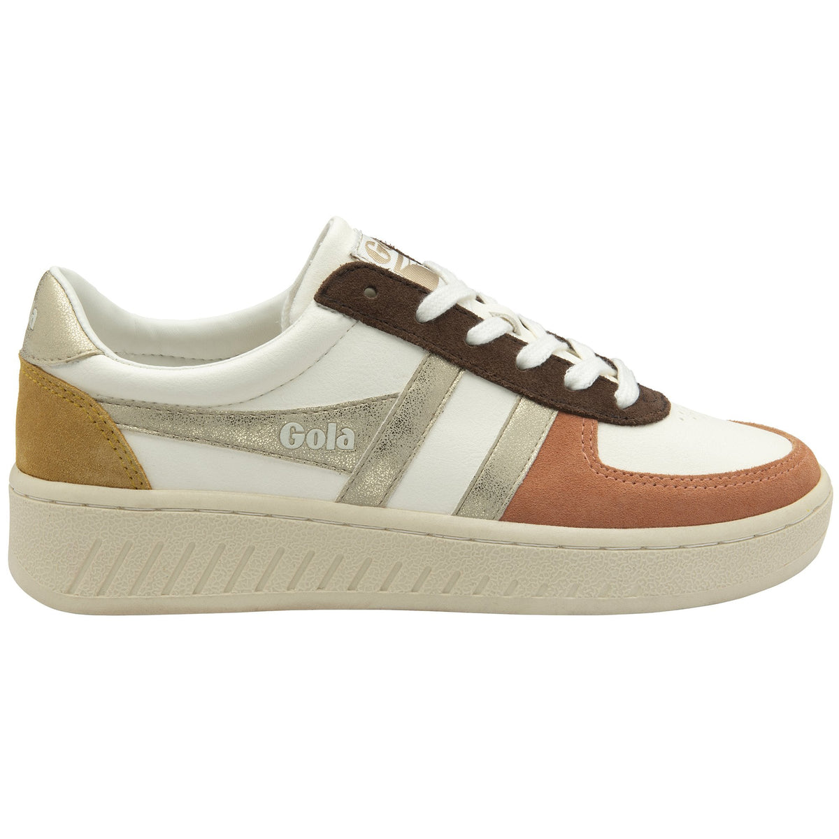 Gola Classics white trainer with brown and metallic gold accents
