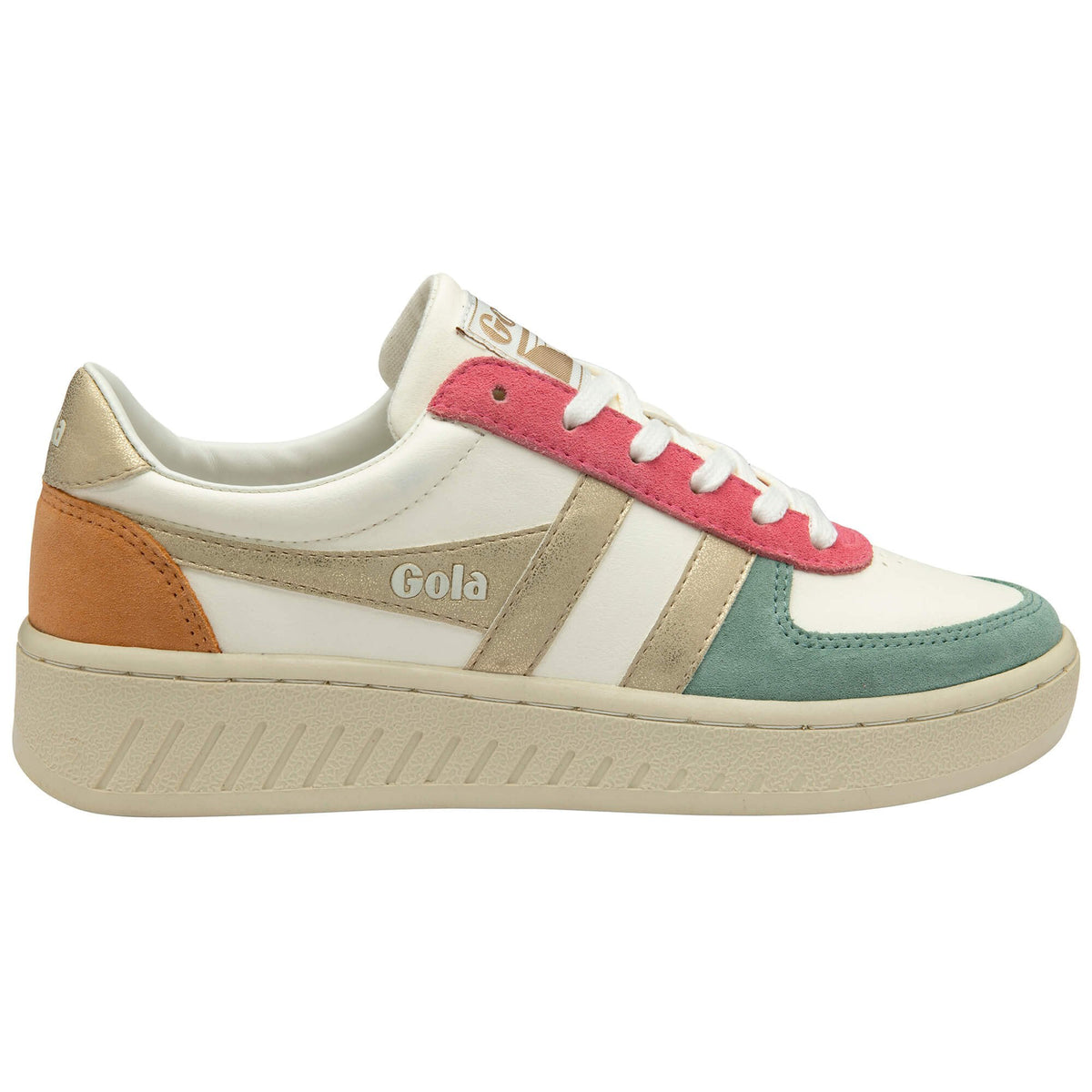 Gola Classics multi-coloured trainer with white base and suede panels in pink green and orange