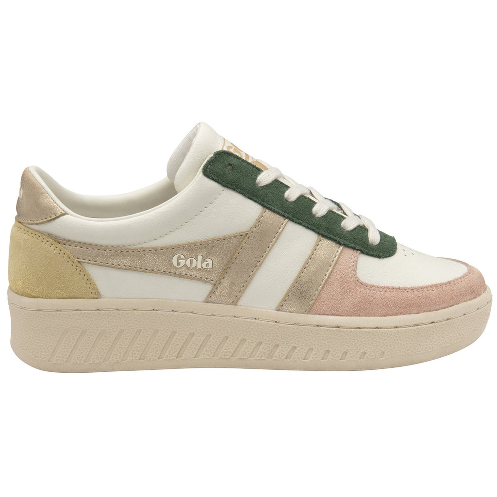 Gola Classics white trainer with green and pink suede panels and metallic gold detailing