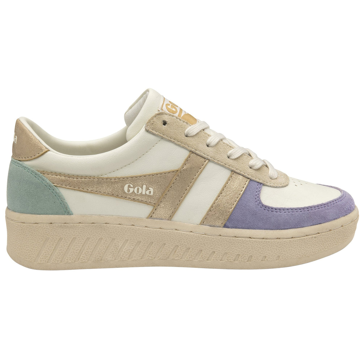 Gola Classics multi-coloured trainer with white base, purple toe cap, and metallic gold side panels