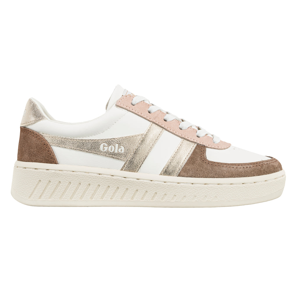 White Gola trainer with metallic gold and brown suede panels
