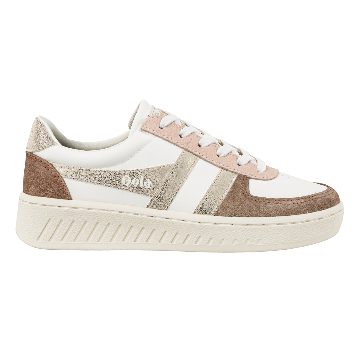 Gola Classics white trainer with metallic gold and brown suede detailing