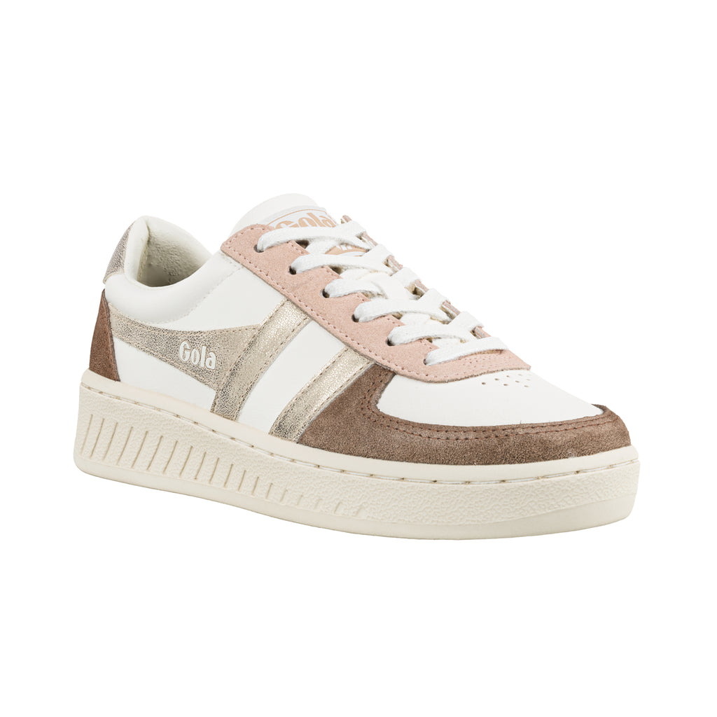 White Gola trainer with metallic gold and dusky pink suede panels