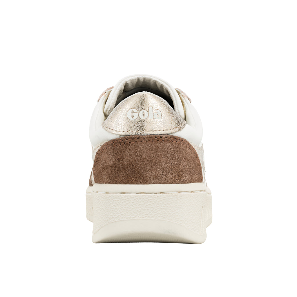 Rear view of a white and brown Gola trainer with a metallic gold heel tab