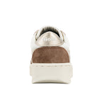 Rear view of a white and brown Gola trainer with a metallic gold heel tab