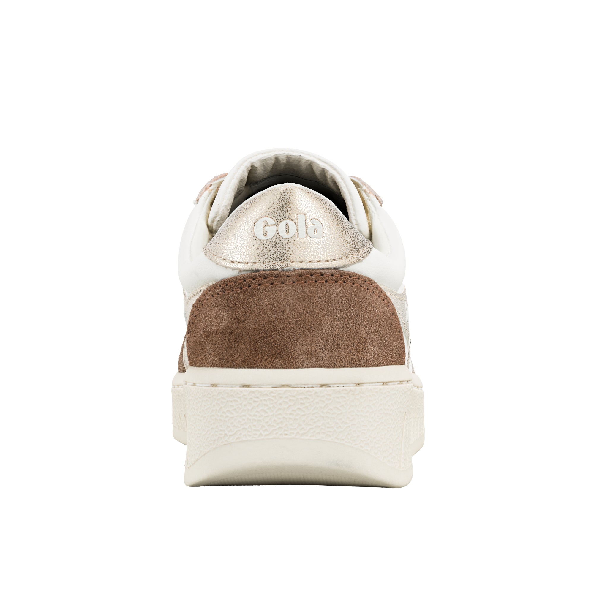 Rear view of a white and brown Gola trainer with a metallic gold heel tab