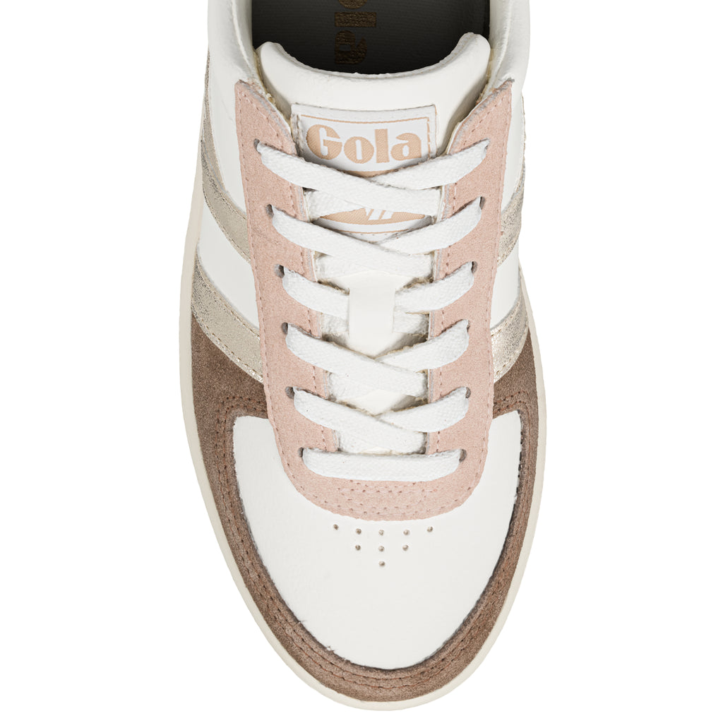 Top view of a white Gola trainer with pink and metallic gold accents