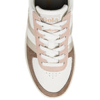 Top view of a white Gola trainer with pink and metallic gold accents