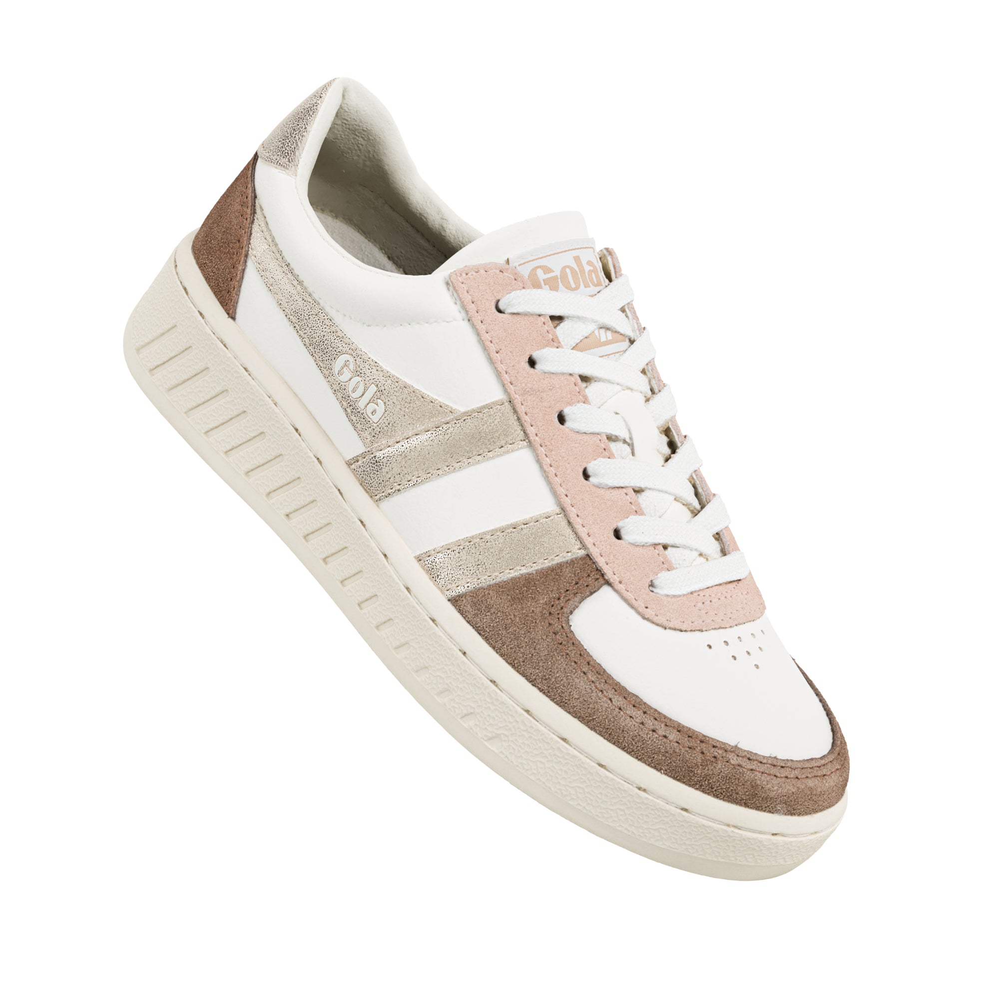 White Gola trainer with metallic gold and brown suede panels and white laces